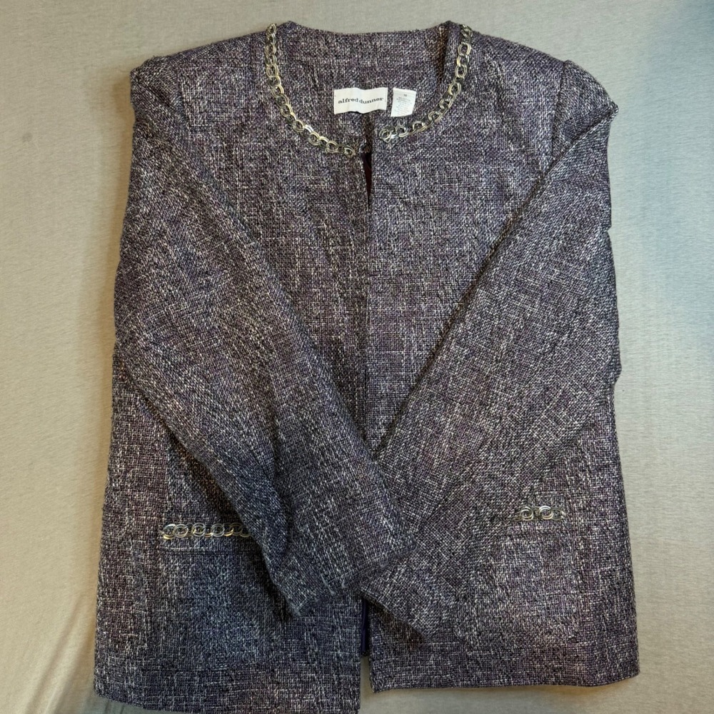 Alfred Dunner Purple Tweed Chain‎ Trim Open Front Jacket Blazer Womens Sz 10 vtg
